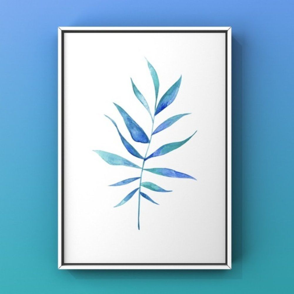 Modern Watercolor blue green leaves art print